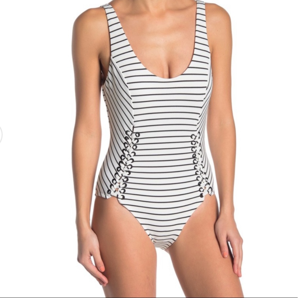 Red Carter: Textured Stripe One-Piece Swimsuit